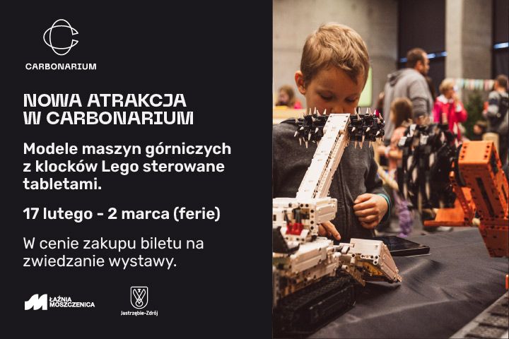 Grafika dodatkowej atrakcji w Carbonarium - maszyny górnicze z klocków lego.