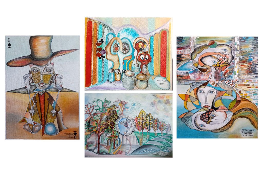 Kolaż czterech surrealistycznych, kolorowych obrazów autorstwa I. Trybus. Przedstawiają one abstrakcyjne postacie, twarze wkomponowane w geometryczne wzory oraz baśniowe krajobrazy z motywami kart do gry. Dominują obłe kształty i bogata symbolika
