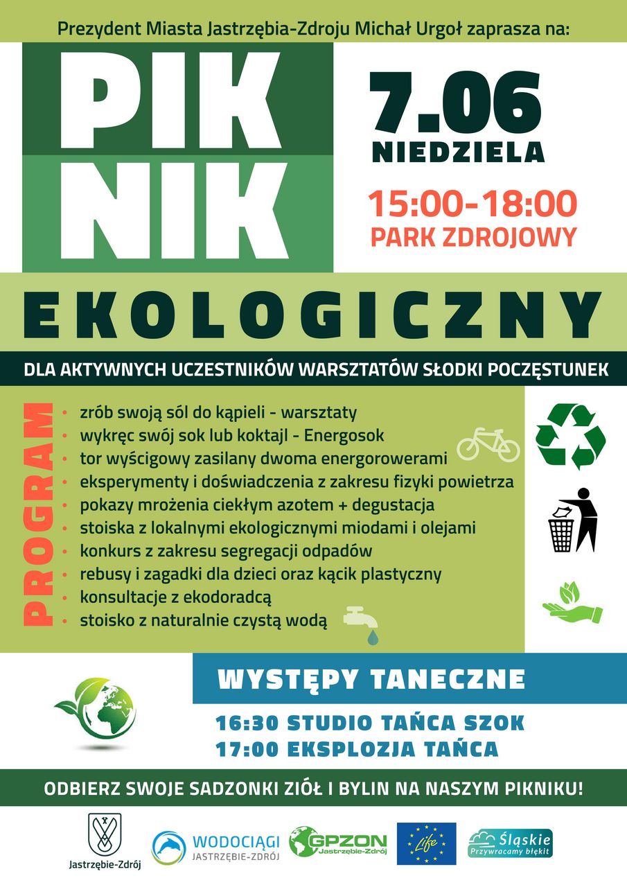 Prezydent Miasta Michał Urgoł zaprasza na piknik. Odbierz swoje sadzonki ziół i bylin. Logotypy: Jastrzębie-Zdrój, Wodociągi Jastrzębie-Zdrój, GPZON Jastrzębie-Zdrój, Life, Śląskie. Przywracamy błękit
