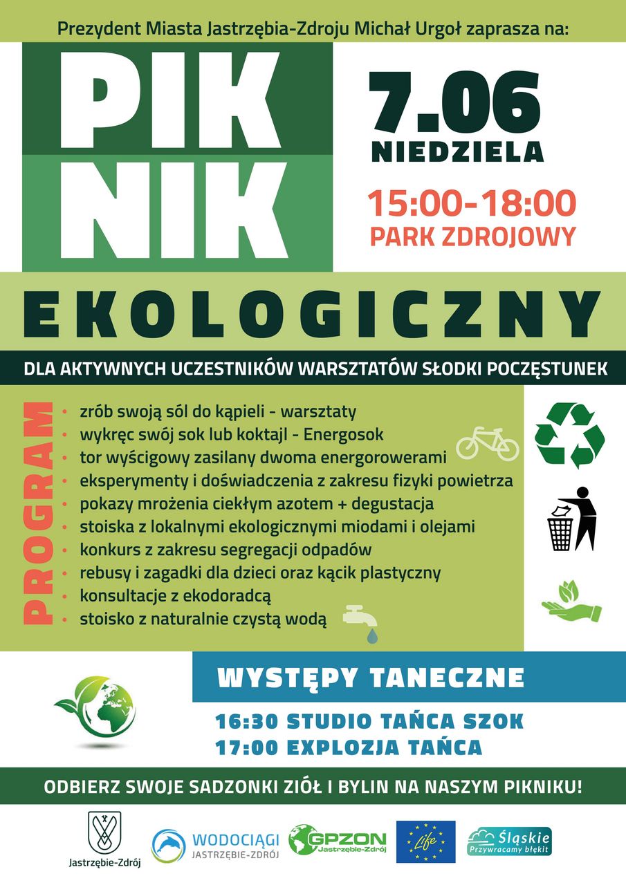 Prezydent Miasta Michał Urgoł zaprasza na piknik. Odbierz swoje sadzonki ziół i bylin. Logotypy: Jastrzębie-Zdrój, Wodociągi Jastrzębie-Zdrój, GPZON Jastrzębie-Zdrój, Life, Śląskie. Przywracamy błękit