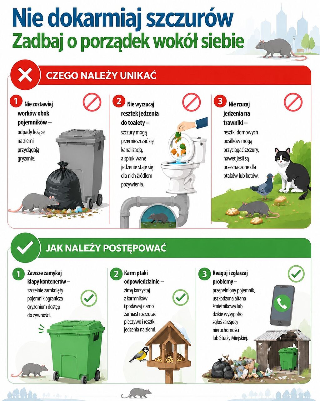 Infografika dotycząca czego unikać, żeby nie dokarmiać szczurów opisana również w powyższym poradniku