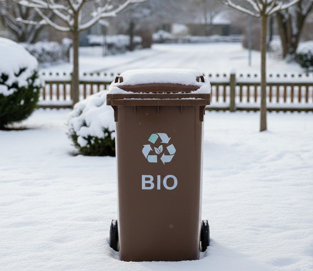 Brązowy pojemnik na odpady bio ze znakiem recyklingu w okresie zimowym 