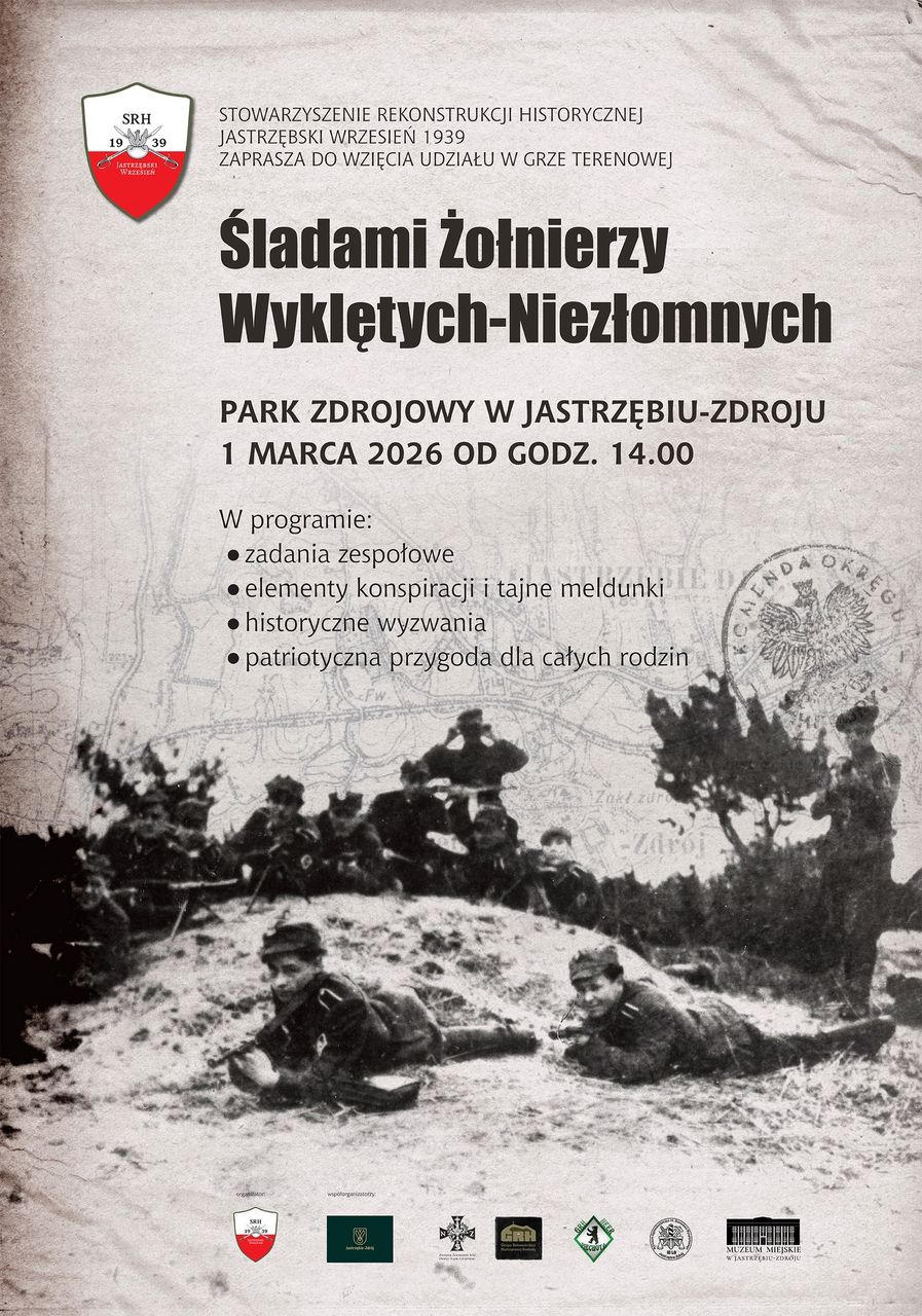 Logotypy od lewej: tarcza SRH Jastrzębski Wrzesień 1939, herb Jastrzębia-Zdroju, krzyż Związku Żołnierzy NSZ, emblematy grup rekonstrukcyjnych GRH Piechota i GRH Beskidy, orzeł Instytutu Pamięci Narodowej oraz symbol Muzeum Miejskiego w Jastrzębiu-Zdroju