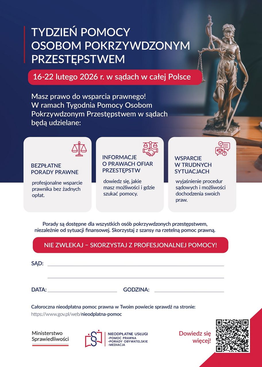 Porady są dostępne dla wszystkich osób pokrzywdzonych, niezależnie od sytuacji finansowej. Na dole znajduje się adres strony gov.pl/web/nieodplatna-pomoc, kod QR oraz logotypy Ministerstwa Sprawiedliwości i Nieodpłatnej Pomocy Prawnej. W tle widoczna rzeźba Temidy z wagą
