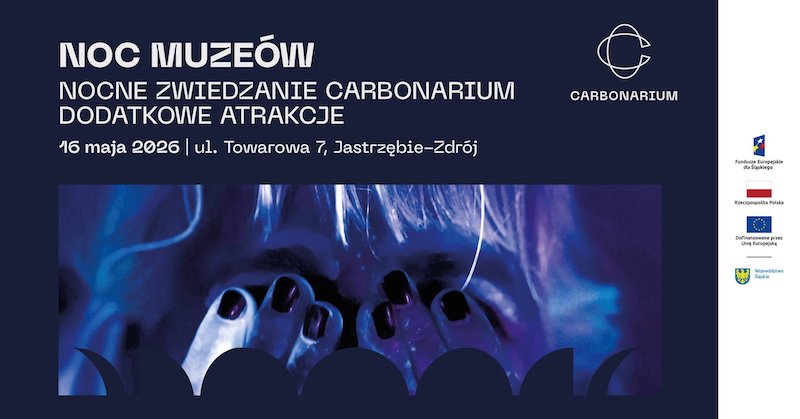 Nocy Muzeów w Carbonarium (16.05.2026). Treść: nocne zwiedzanie, ul. Towarowa 7. Logotypy: Carbonarium, Fundusze Europejskie, RP, Unia Europejska i Śląskie. Na dole artystyczna, niebieska grafika