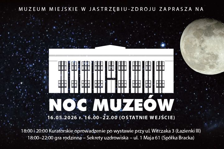 grafika w baiło czarnych kolorach przedstawiająca budynek muzeum w nocy przy blasku księżyca