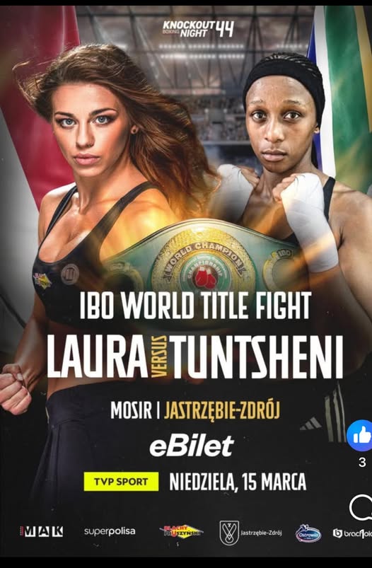 Plakat zaprasza na Knockout Boxing Night 44 w Jastrzębiu-Zdroju. W walce o pas mistrzyni świata IBO zmierzą się Laura Grzyb i Tuntsheni. Wydarzenie odbędzie się w niedzielę, 15 marca w hali MOSiR. Transmisja w TVP Sport, bilety na eBilet
