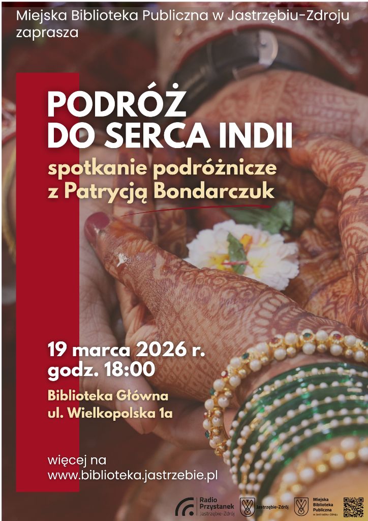 Dłonie z henną i biżuterią oraz logotypy: Radio Przystanek, Jastrzebie-Zdrój, Miejska Biblioteka Publiczna