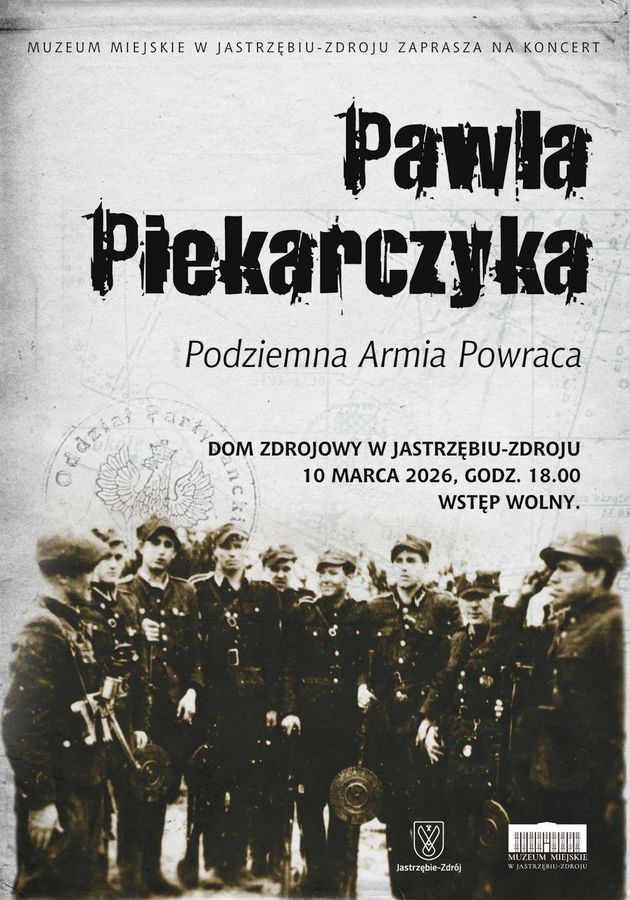 Plakat z grupą żołnierzy w mundurach, w tle odcisk pieczątki z napisem oddział partyzancki