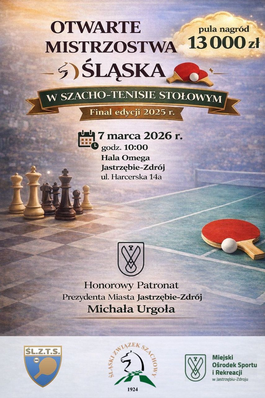 Logotypy:  Śląski Związek Szachowy, Śląski Związek Tenisa Stołowego, Miejski Ośrodek Sportu i Rekreacji