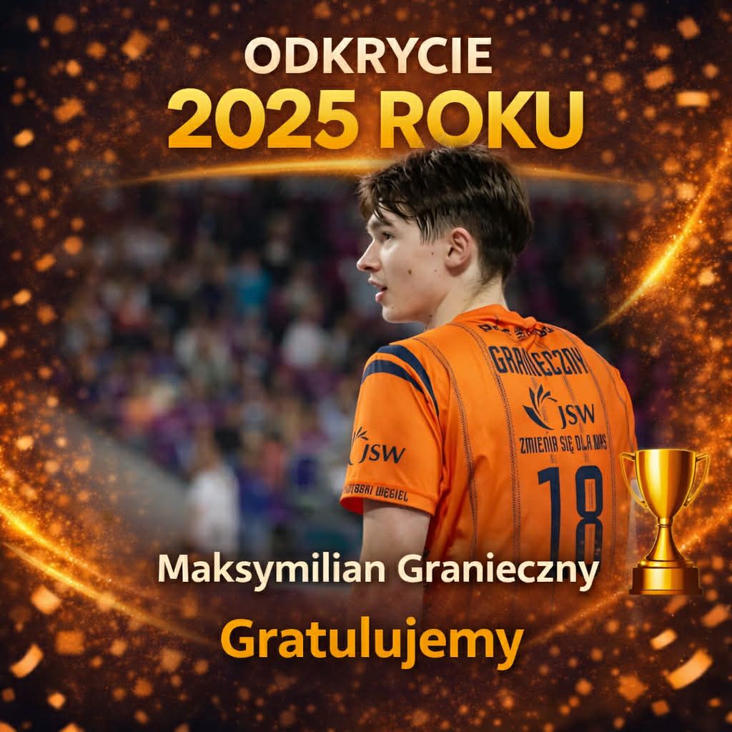 Maksymilan Graniczny w koszulce Jastrzębskiego Węgla na grafice informującej że został wybrany sportowym odkryciem roku