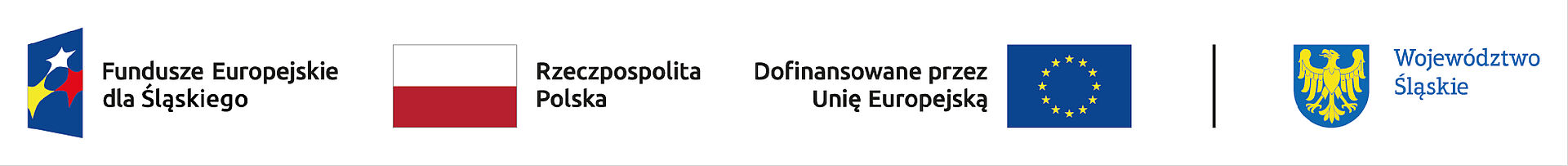 Logotypy: Fundusze Europejskie dla Śląskiego, flaga Rzeczypospolitej Polskiej, informacja „Dofinansowane przez Unię Europejską” wraz z flagą UE oraz herb i napis Województwo Śląskie