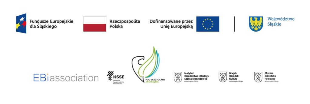 Logotypy partnerów: Fundusze Europejskie, RP, UE, Woj. Śląskie, EBiassociation, KSSE, projekt Pod skrzydłami Jastrzębia, Łaźnia Moszczenica oraz MOK i MBP w Jastrzębiu-Zdroju