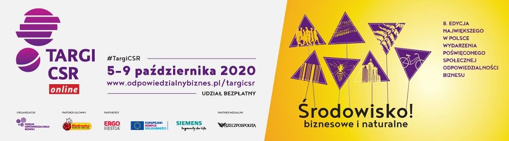 Baner 8. Targów CSR online (5-9.10.2020) pod hasłem „Środowisko! biznesowe i naturalne”. Zawiera informacje o bezpłatnym udziale oraz logotypy organizatora FOB i partnerów (m.in. Biedronka)