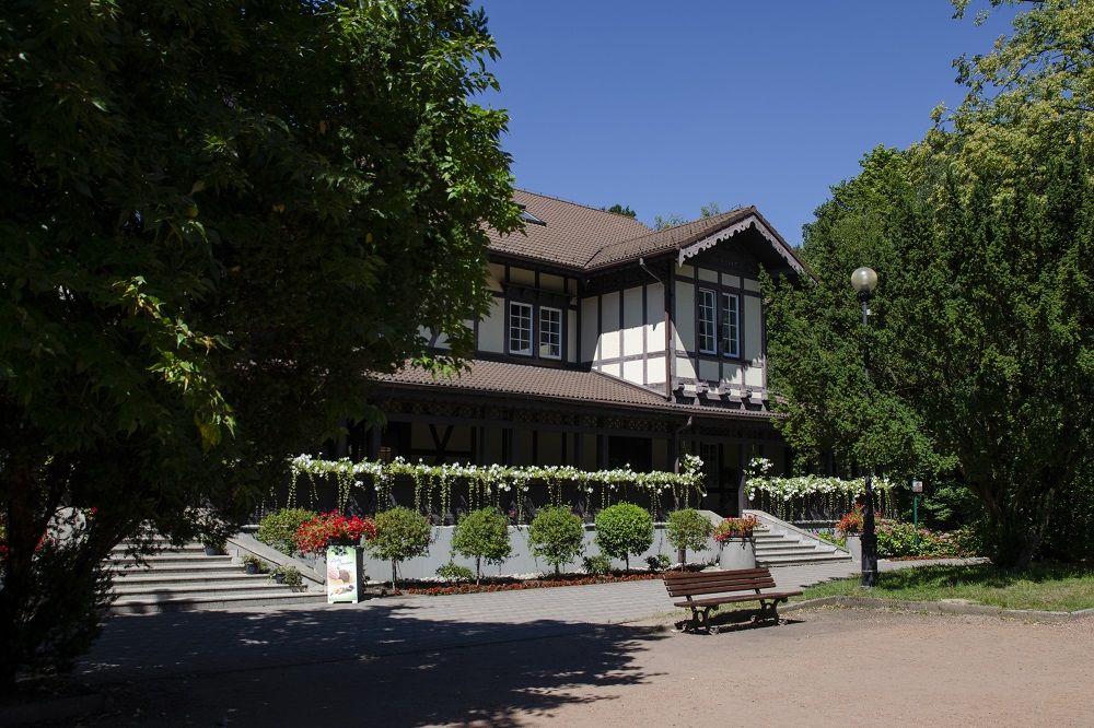 Dom Zdrojowy latem, widok zza drzewa