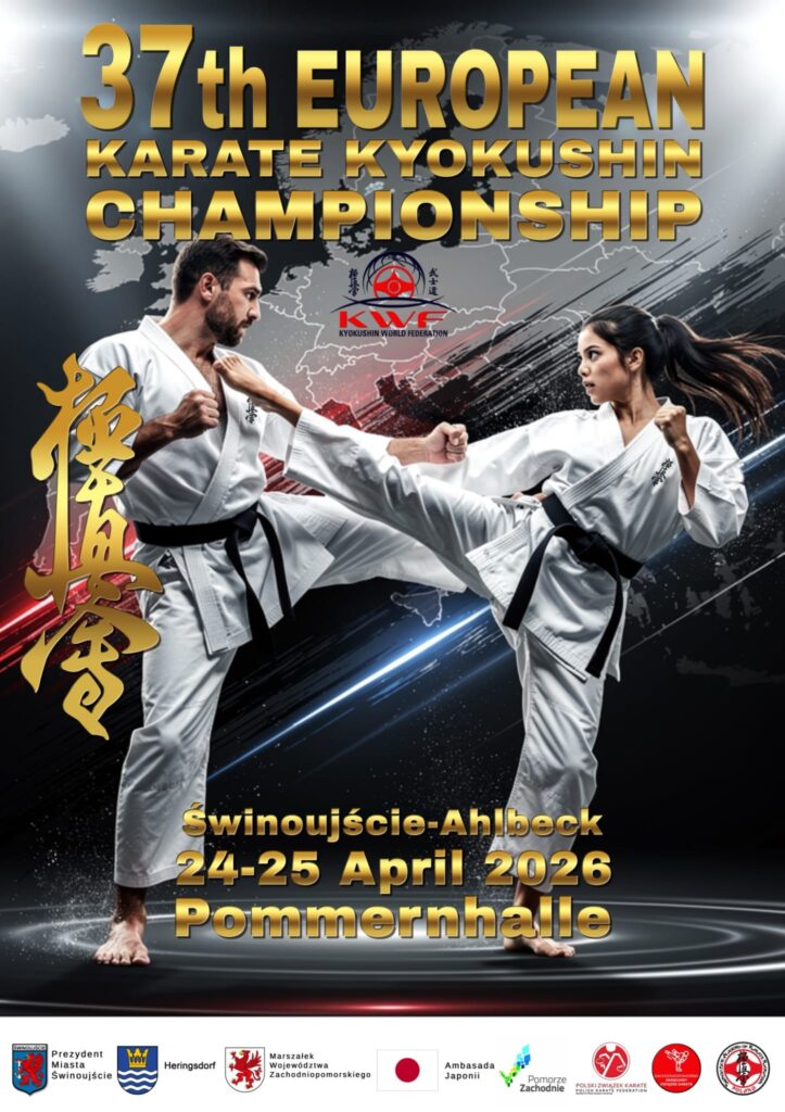 Plakat 37. Mistrzostw Europy Karate Kyokushin. Dwójka zawodników w kimonach podczas walki. Miejsce: Świnoujście-Ahlbeck, Pommernhalle. Data: 24-25.04.2026