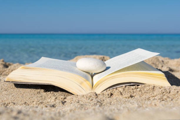 Zdjęcie przedstawia otwartą ksiązkę na plaży 